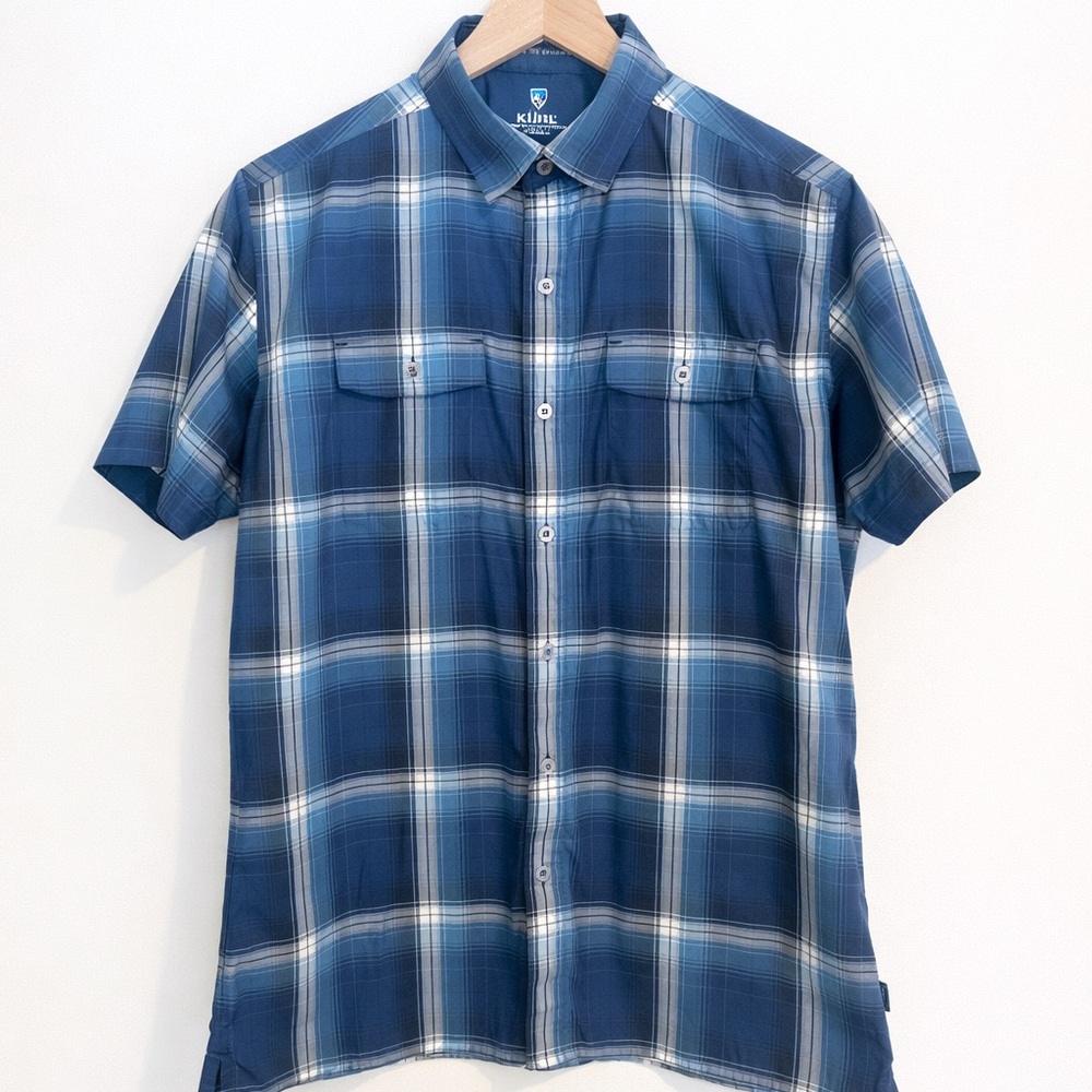 KÜHL Men’s Response Blue Plaid Short Sleeve Button Up Shirt Small